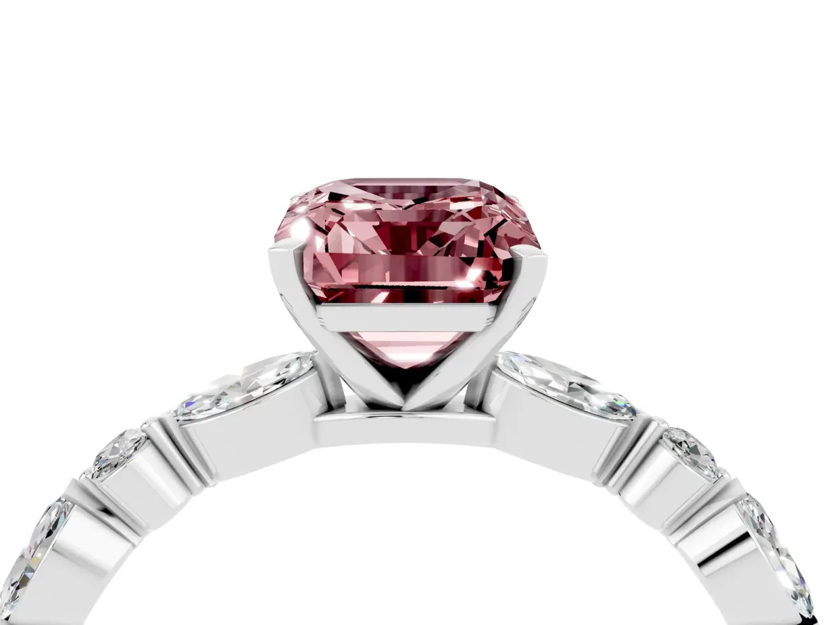 Emerald Cut Morganite Ring with Marquise and Round Side Stones and Four-Prong Setting Platinum