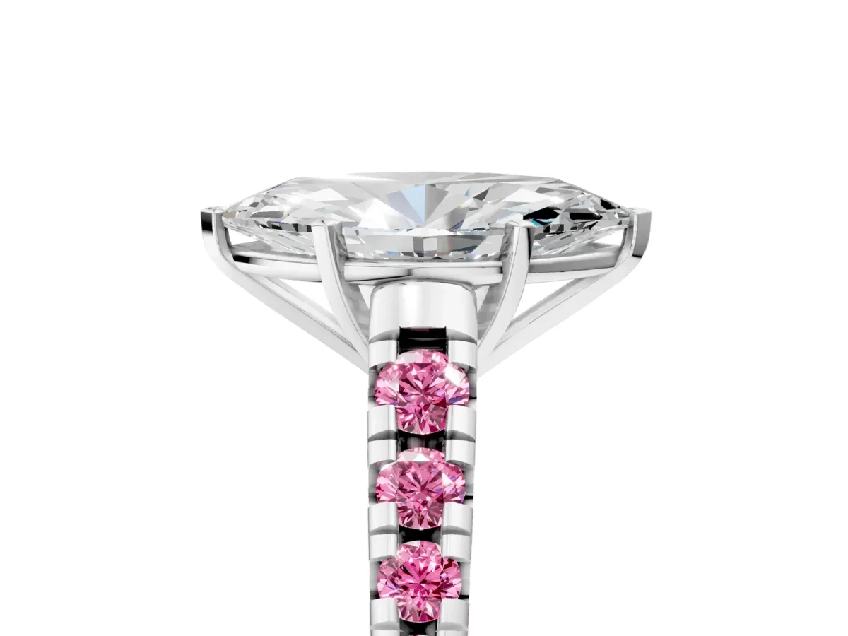 Marquise Cut Diamond Cathedral Solitaire Ring with Round Pink Sapphire Pavé Band Silver