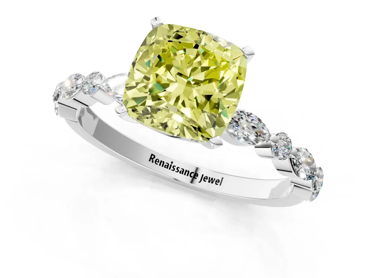 Fancy Yellow Cushion Cut Diamond Ring with Marquise and Round Side Stones and Four-Prong Setting Silver