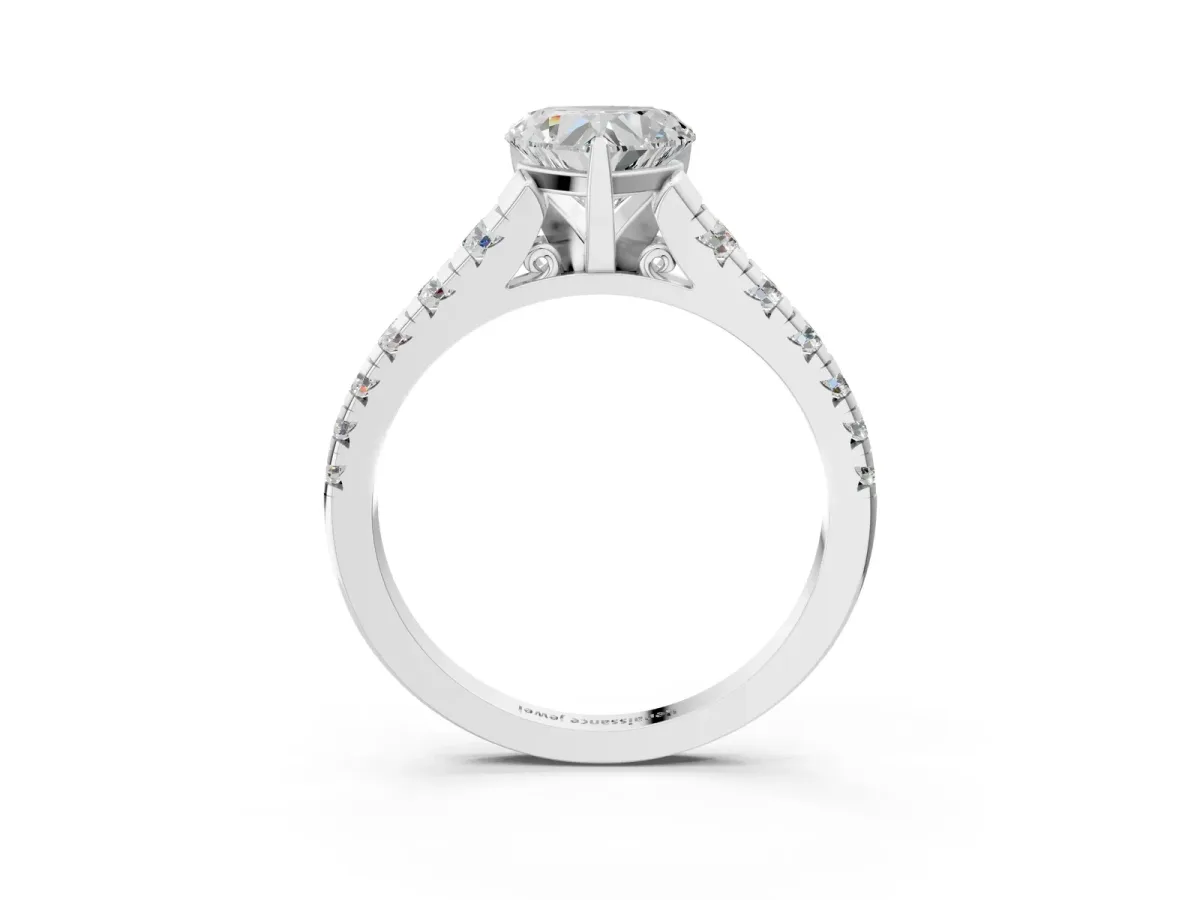 Heart Cut Diamond Cathedral Solitaire Ring with Round Moissanite Pavé Band Silver