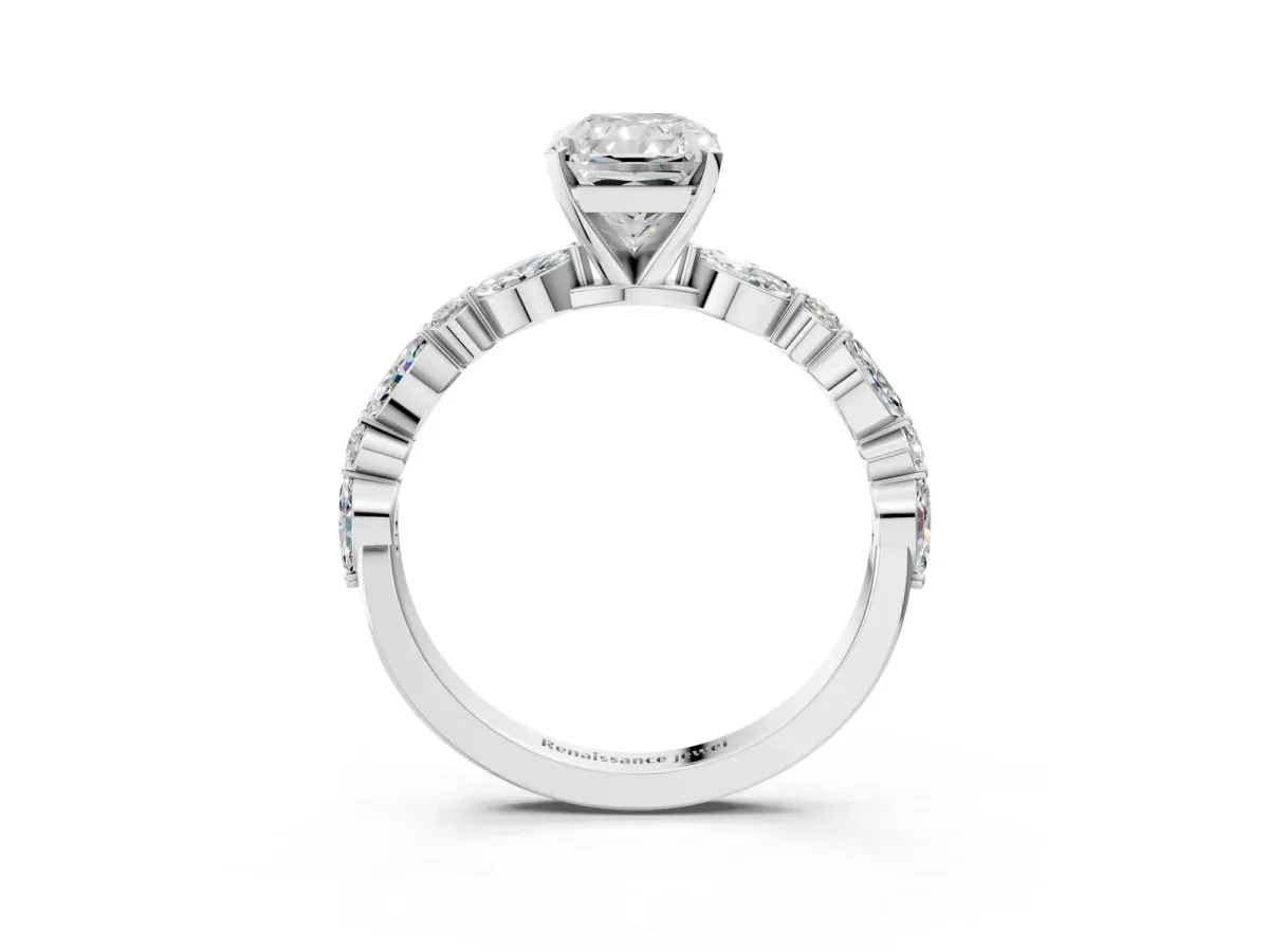 Radiant Cut Diamond Ring with Marquise and Round Side Stones and Four-Prong Setting Platinum