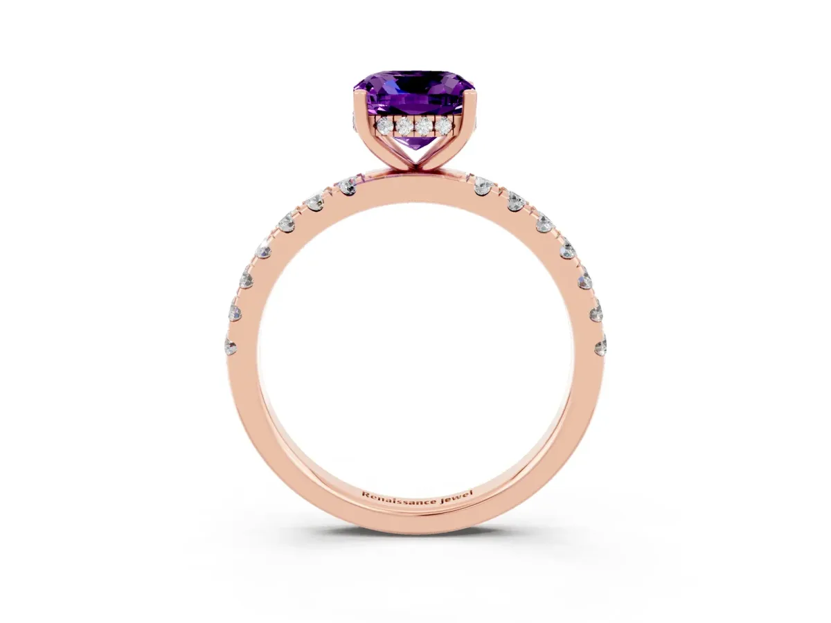 Cushion Cut Amethyst Pave Band Solitaire Ring with Round and Prong Setting Rose gold