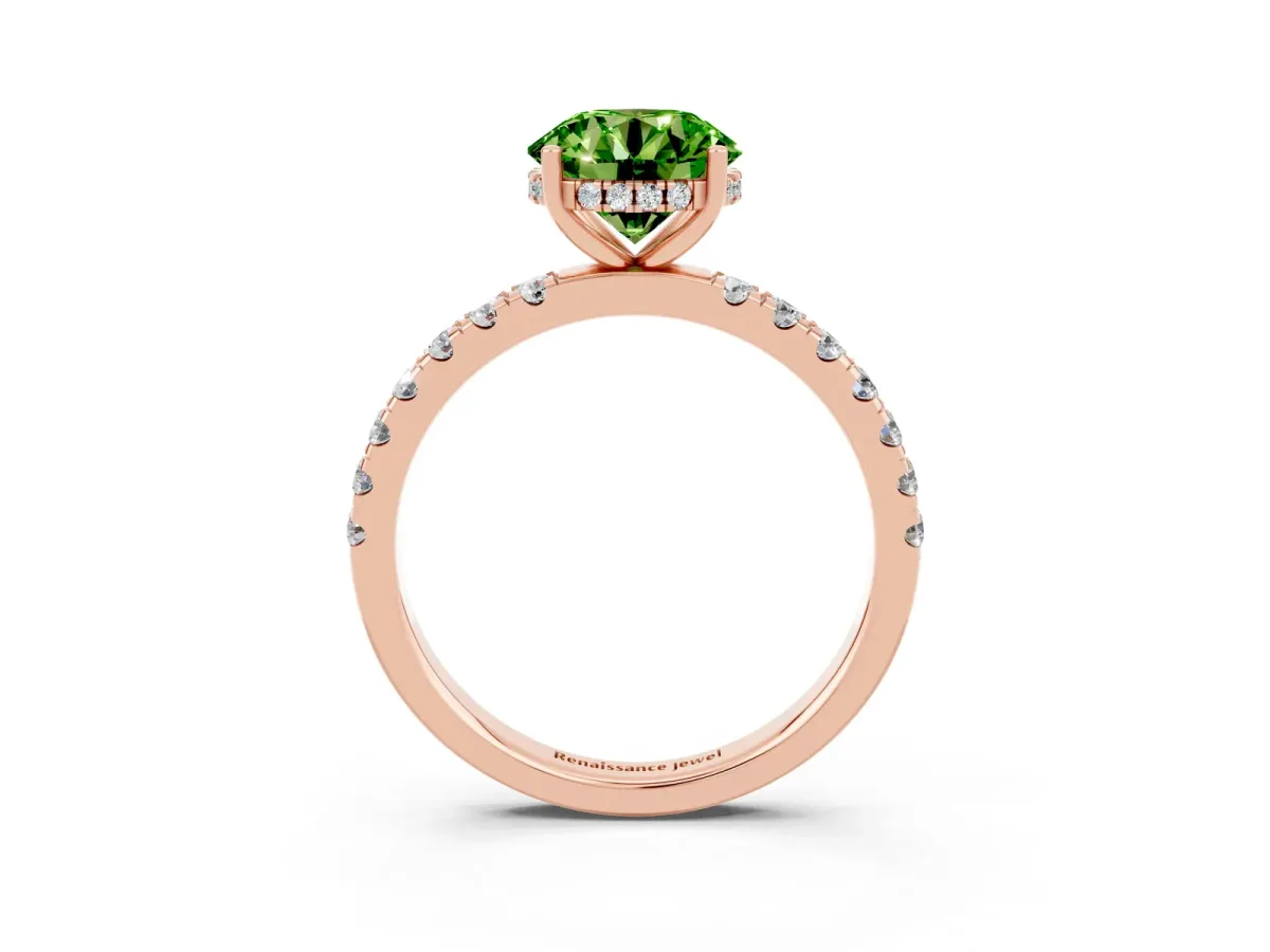 Round Cut Peridot Pave Band Solitaire Ring with Round and Prong Setting Rose gold