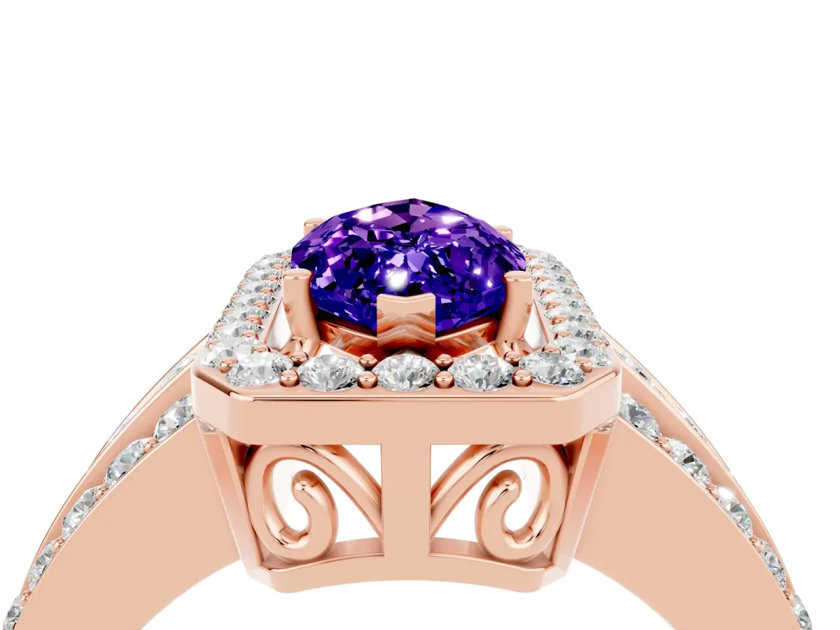 Marquise Cut Halo Tanzanite Ring with Round Split Shank and Prong Setting Rose gold
