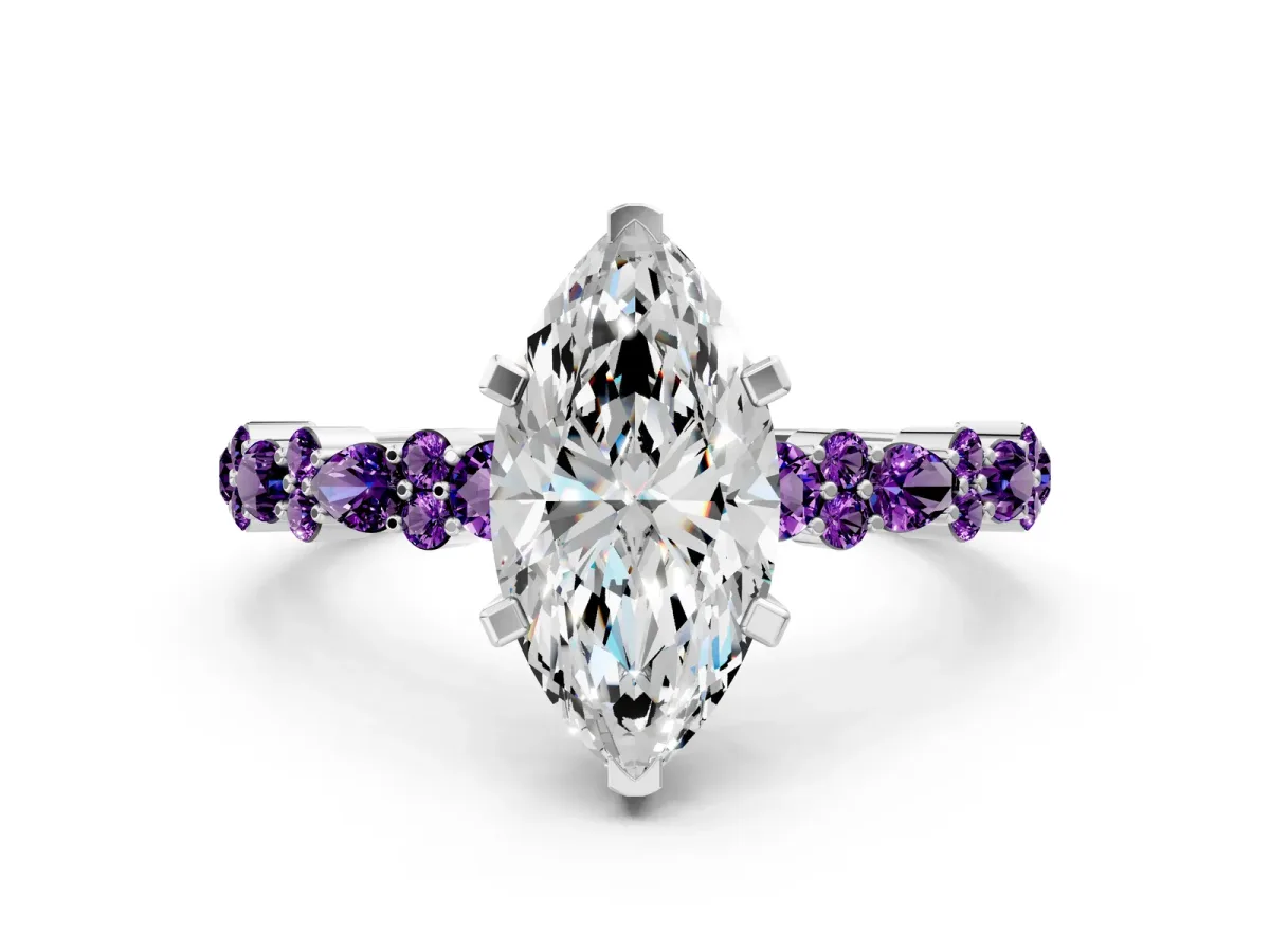 Marquise Cut Diamond Side Stone Solitaire Ring with Round Amethyst and Four-Prong Setting Platinum