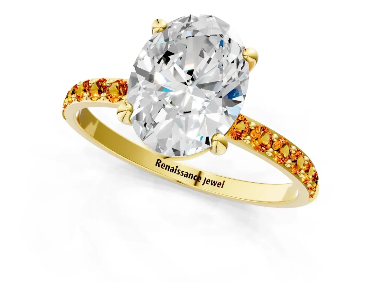 Oval Cut Diamond Solitaire Ring with Round Citrine Pavé Band and Prong Setting Yellow gold