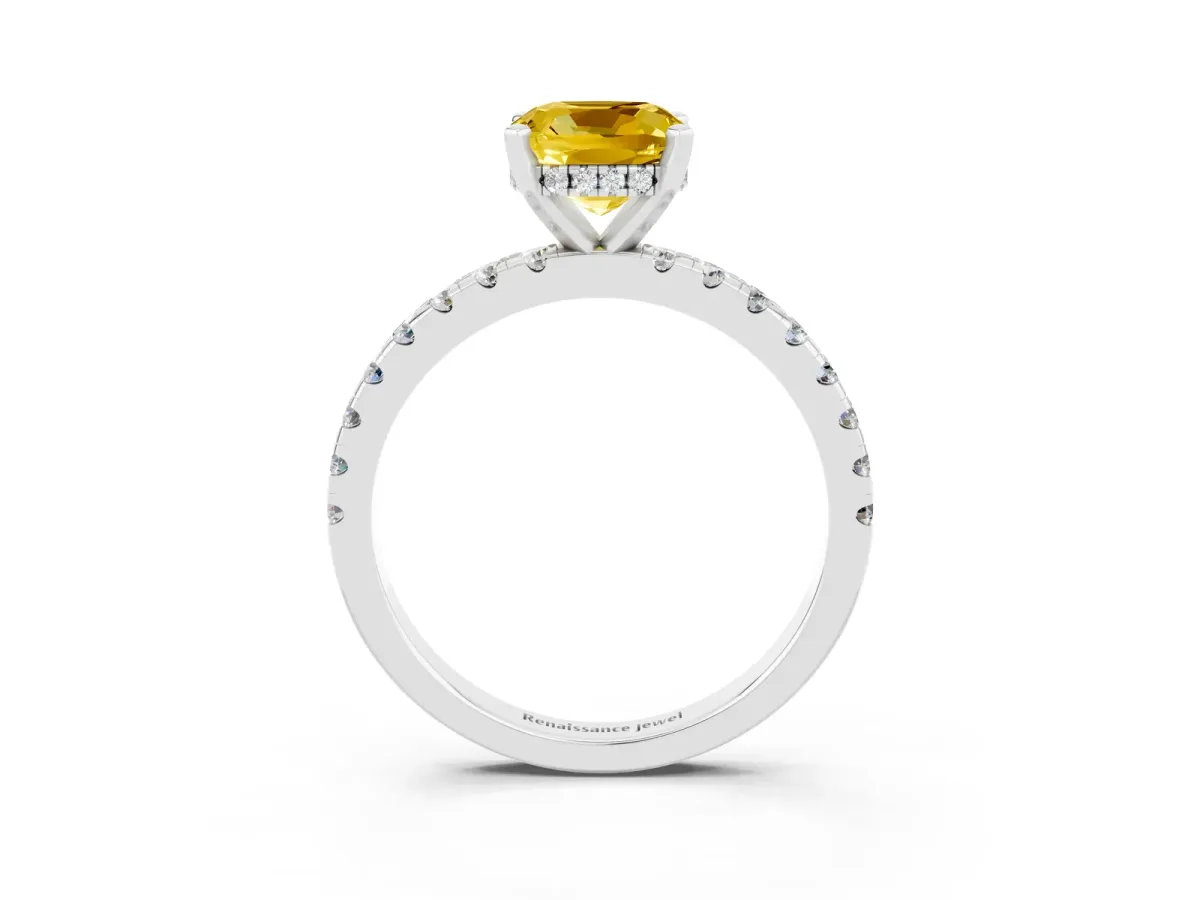 Cushion Cut Yellow Sapphire Solitaire Ring with Round Pavé Band and Four-Prong Setting Silver