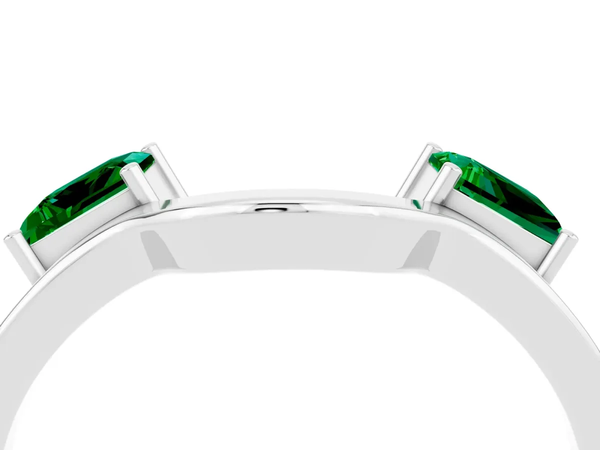 Princess Cut Emerald Two-Stone Open Band Ring with Four-Prong Setting Silver