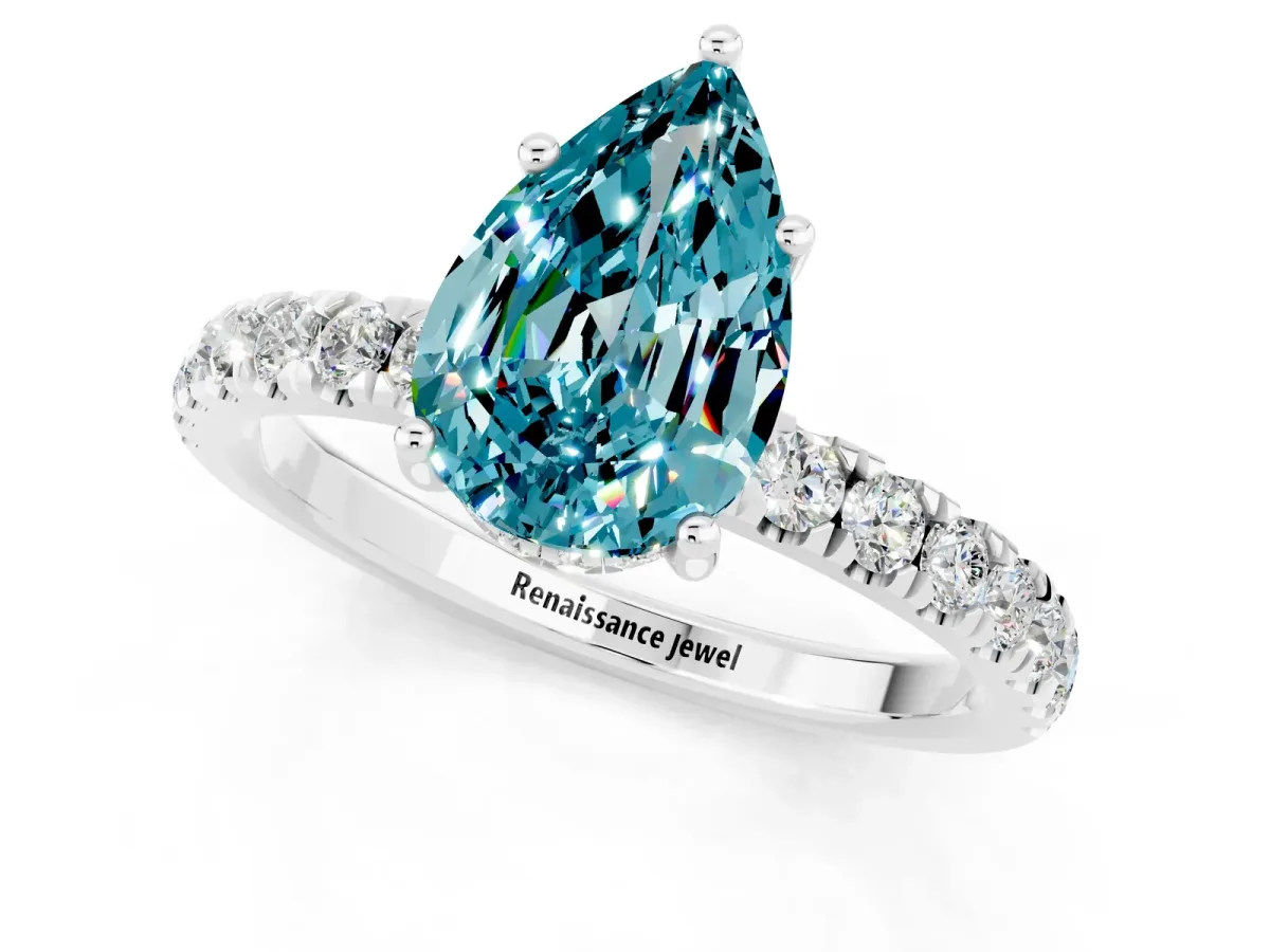 Pear Cut Blue Topaz Pave Band Solitaire Ring with Round and Prong Setting White gold
