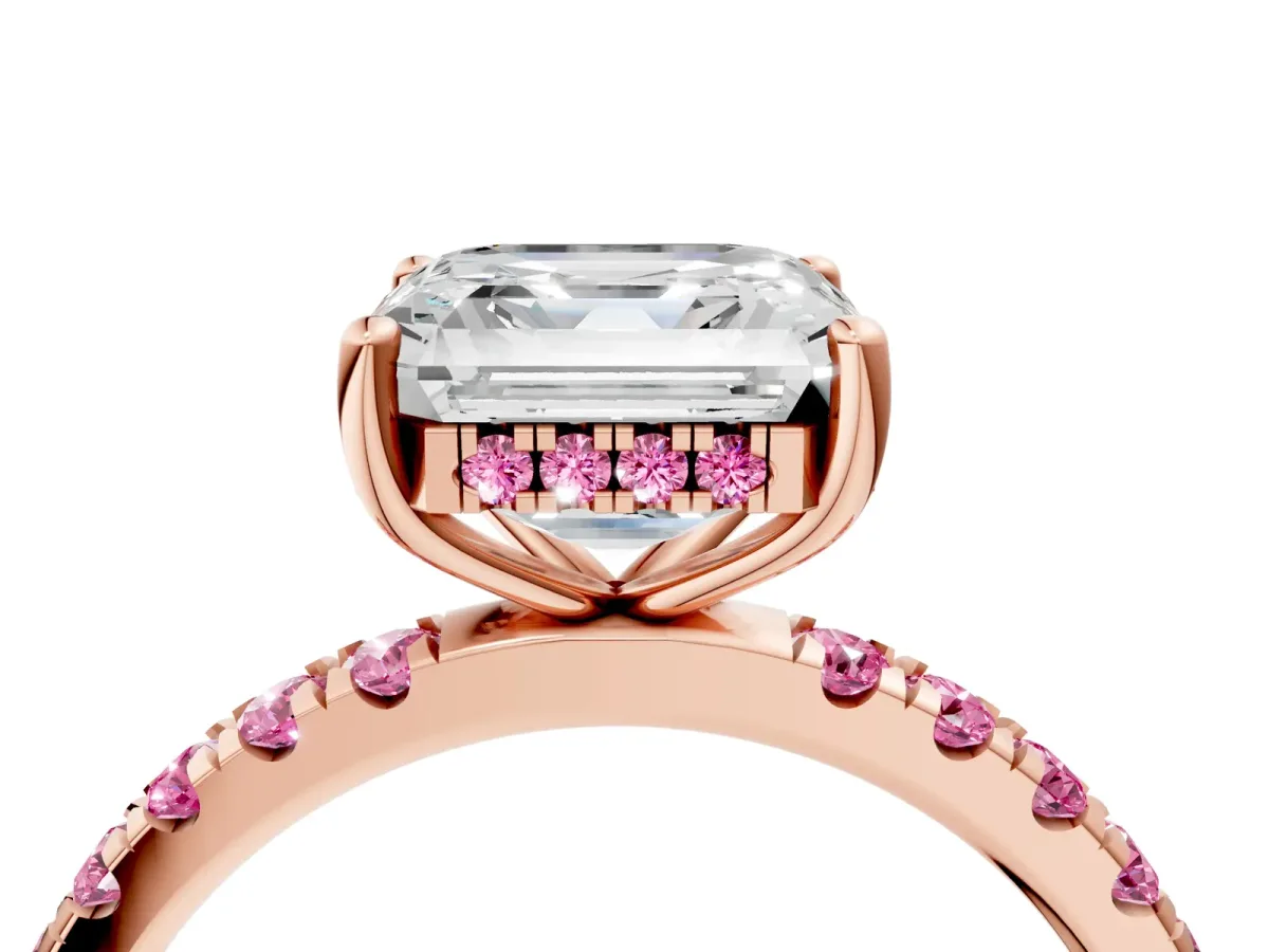 Asscher Cut Diamond Pave Band Solitaire Ring with Round Pink Sapphire and Prong Setting Rose gold