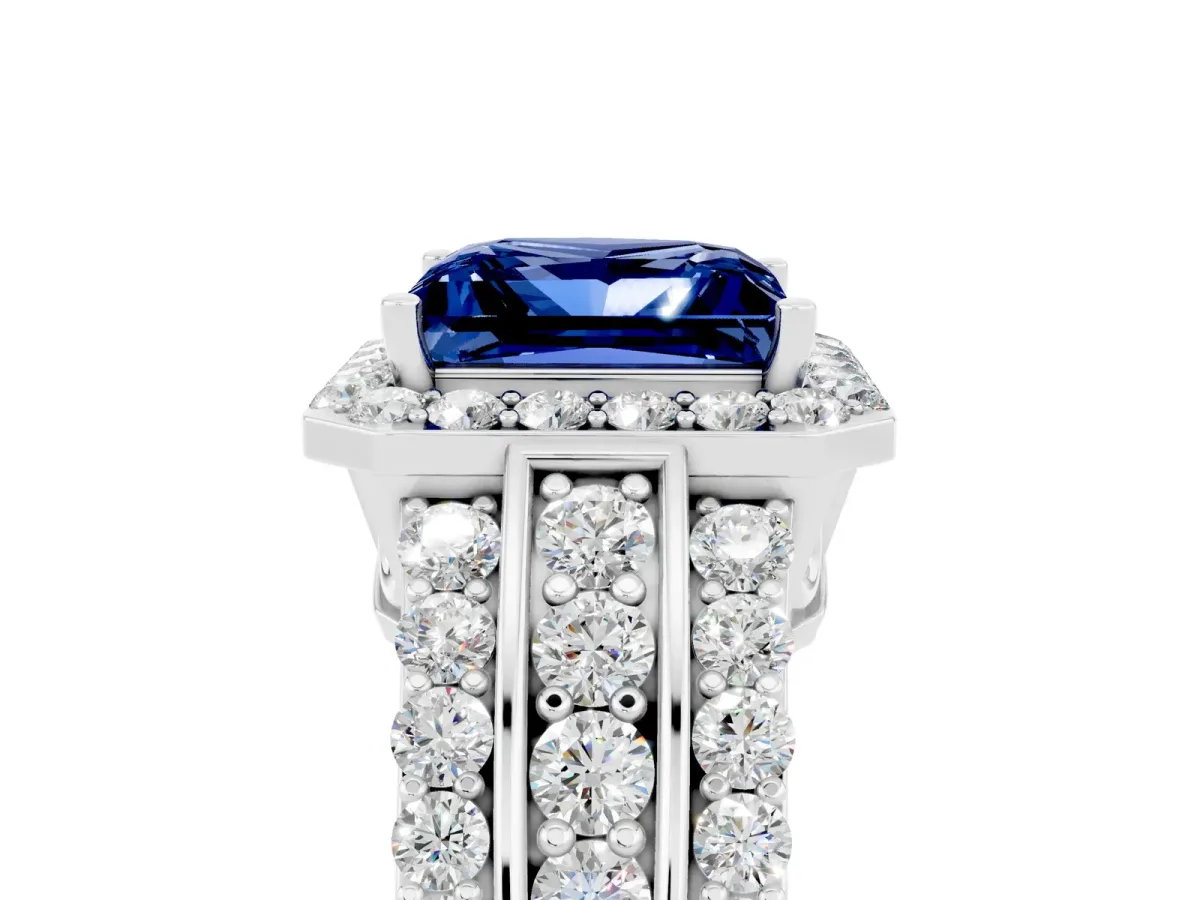 Princess Cut Halo Blue Sapphire Ring with Round Split Shank and Prong Setting Platinum