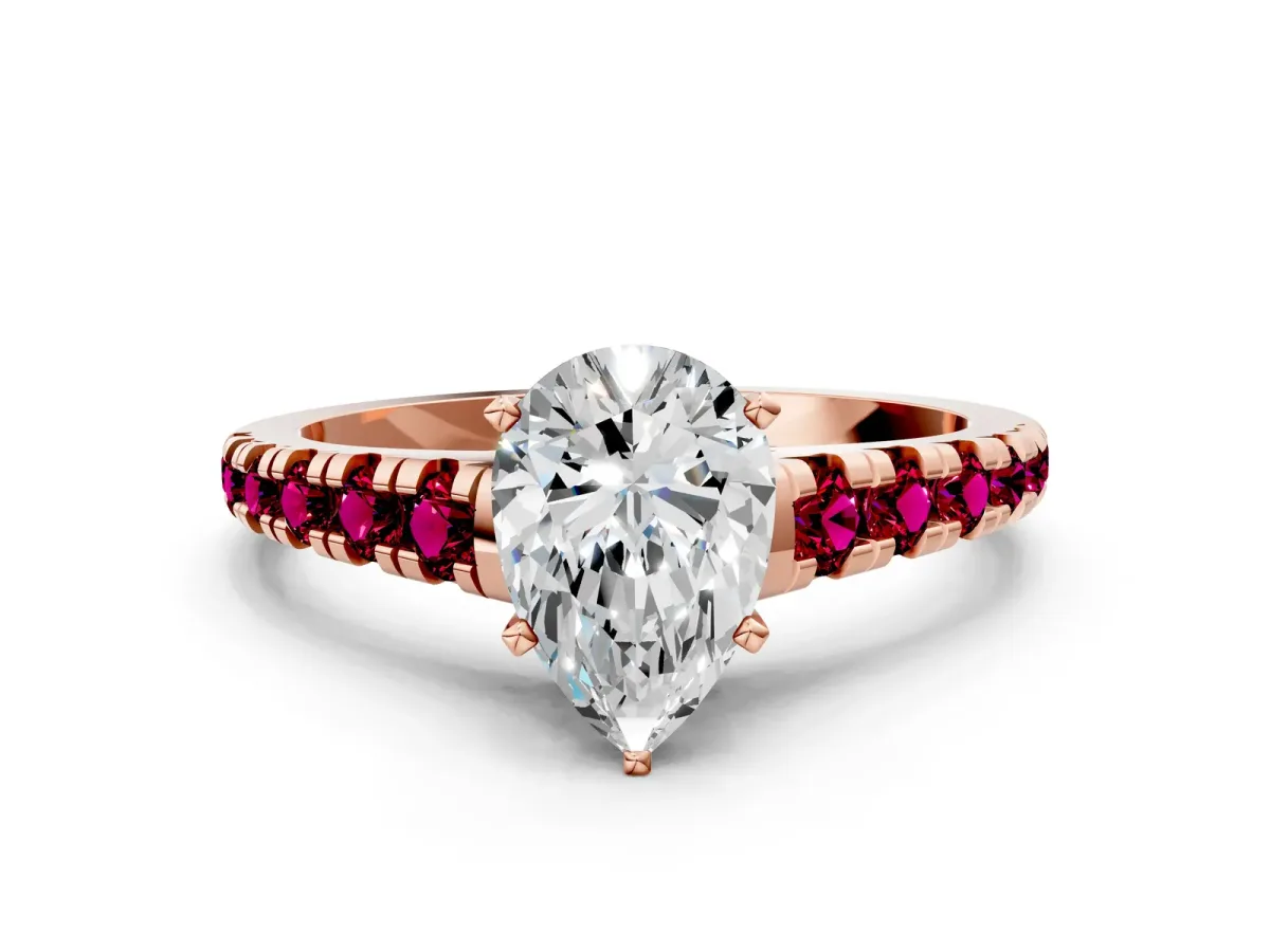 Pear Cut Diamond Cathedral Solitaire Ring with Round Garnet Pavé Band Rose gold