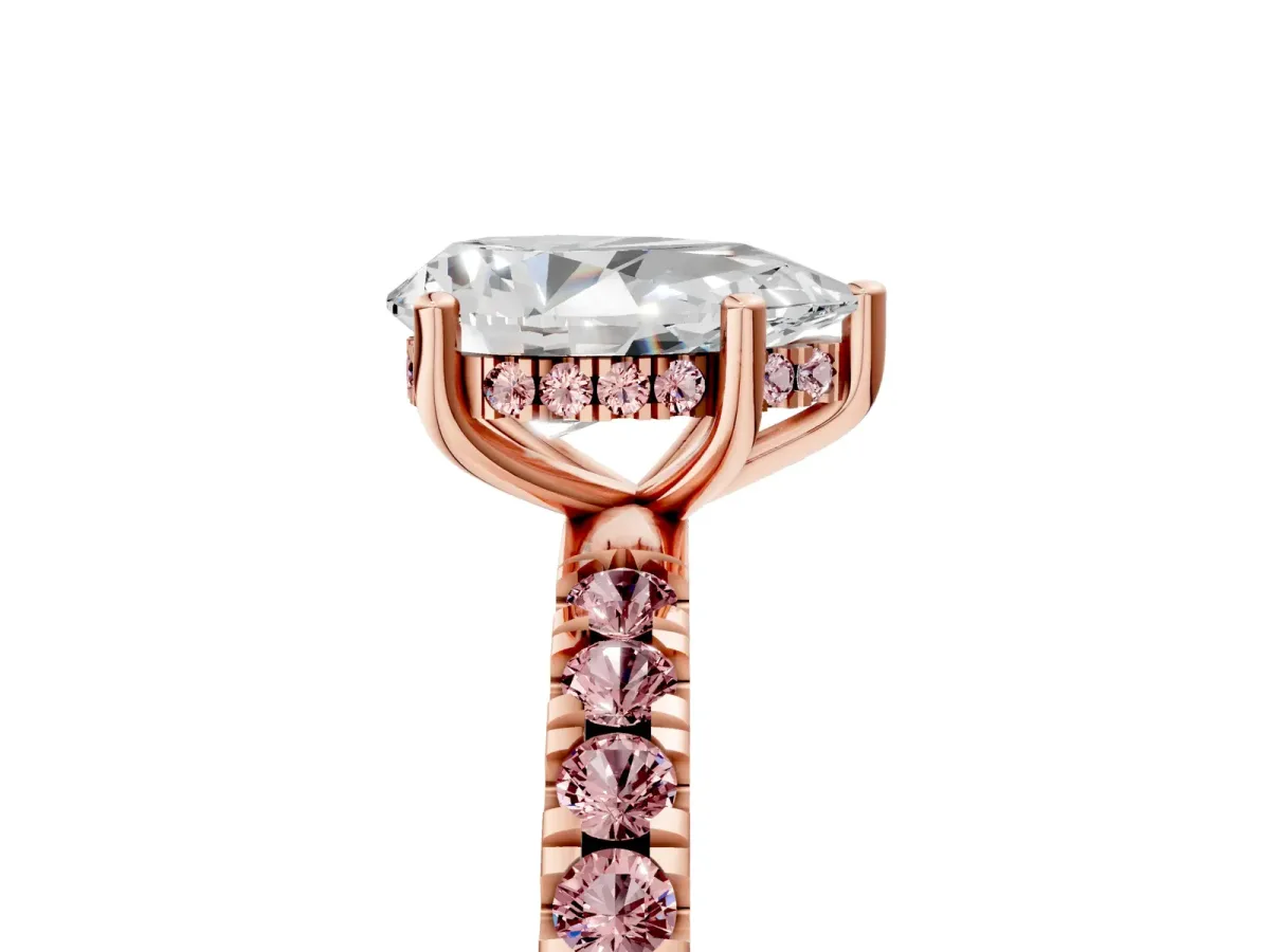 Pear Cut Diamond Pave Band Solitaire Ring with Round Morganite and Prong Setting Rose gold