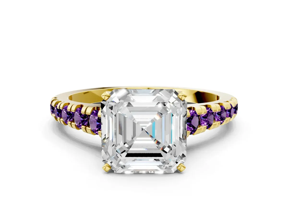Asscher Cut Diamond Cathedral Solitaire Ring with Round Amethyst Pavé Band Yellow gold