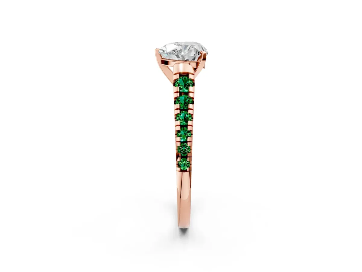 Heart Cut Diamond Cathedral Solitaire Ring with Round Emerald Pavé Band Rose gold