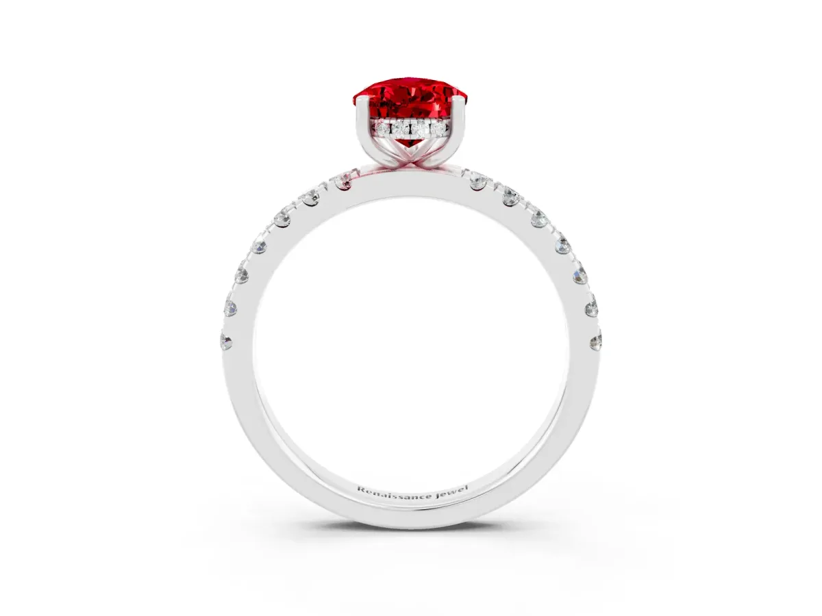 Pear Cut Ruby Pave Band Solitaire Ring with Round and Prong Setting White gold