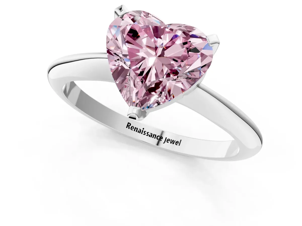 Fancy Pink Heart Cut Diamond Solitaire Engagement Ring with Classic Band and Four-Prong Setting Silver