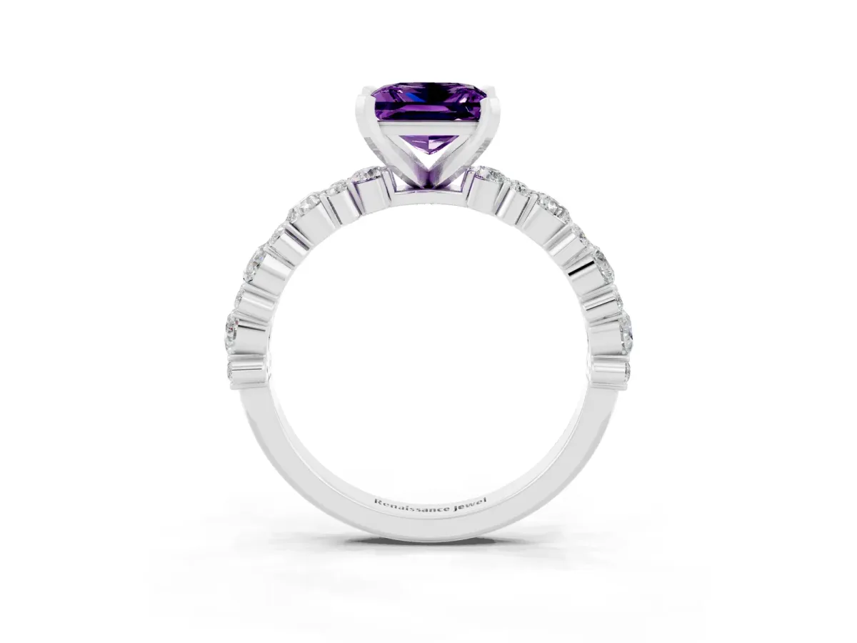 Princess Cut Amethyst Side Stone Solitaire Ring with Round and Four-Prong Setting Silver