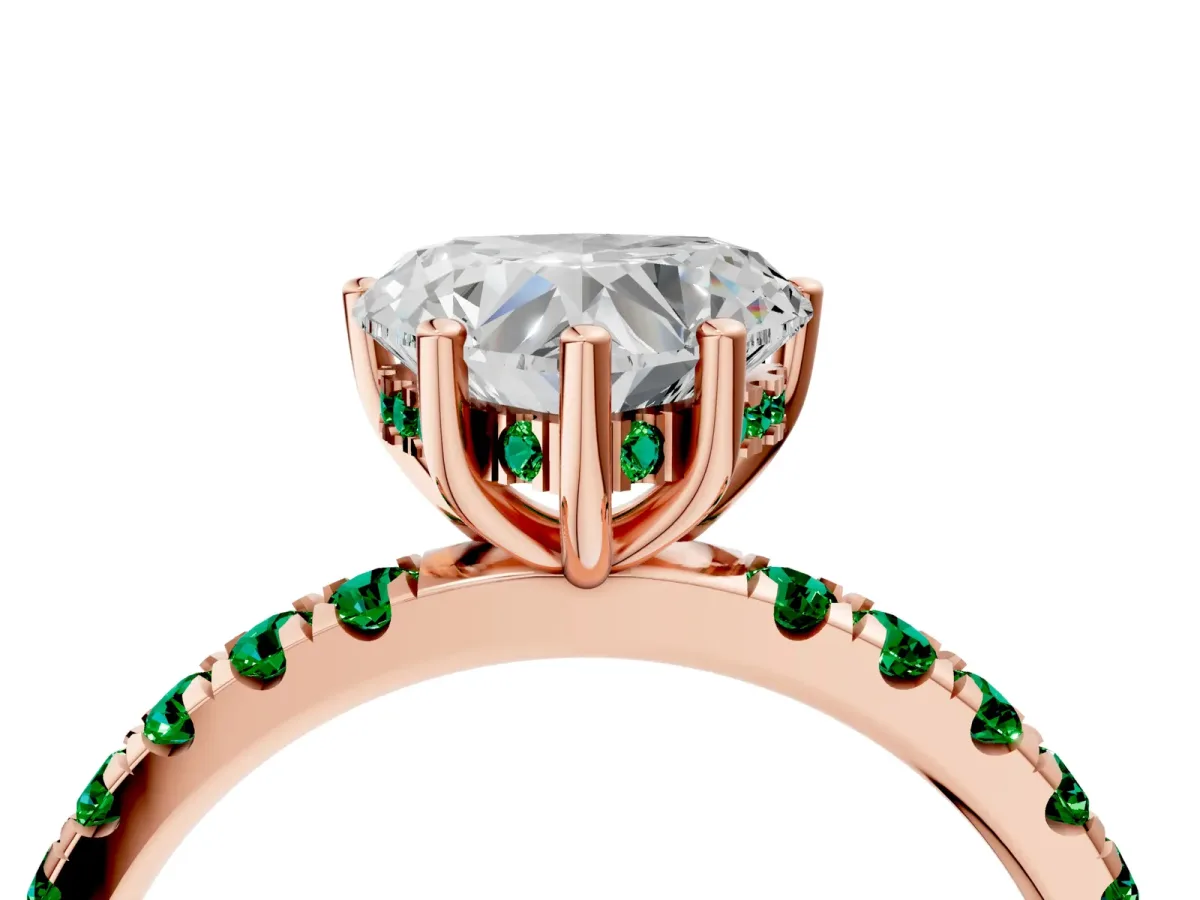 Heart Cut Diamond Pave Band Solitaire Ring with Round Emerald and Prong Setting Rose gold