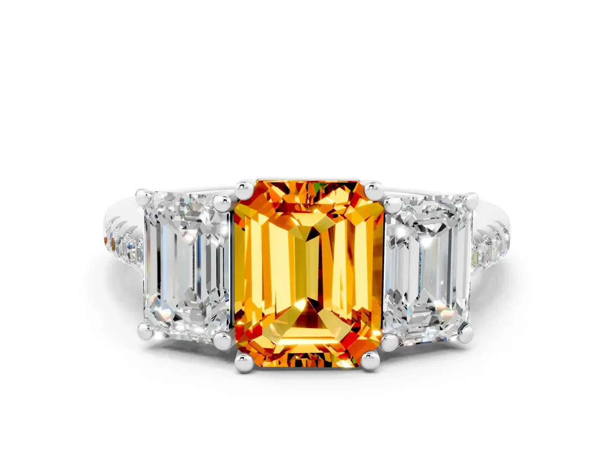 Three-Stone Emerald Cut Citrine Ring with Round Pavé Band and Prong Setting Silver