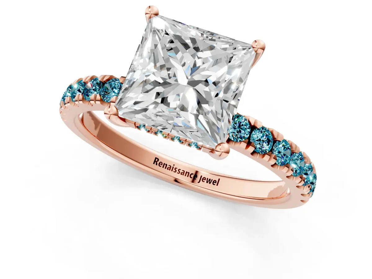 Princess Cut Diamond Pave Band Solitaire Ring with Round Blue Topaz and Prong Setting Rose gold