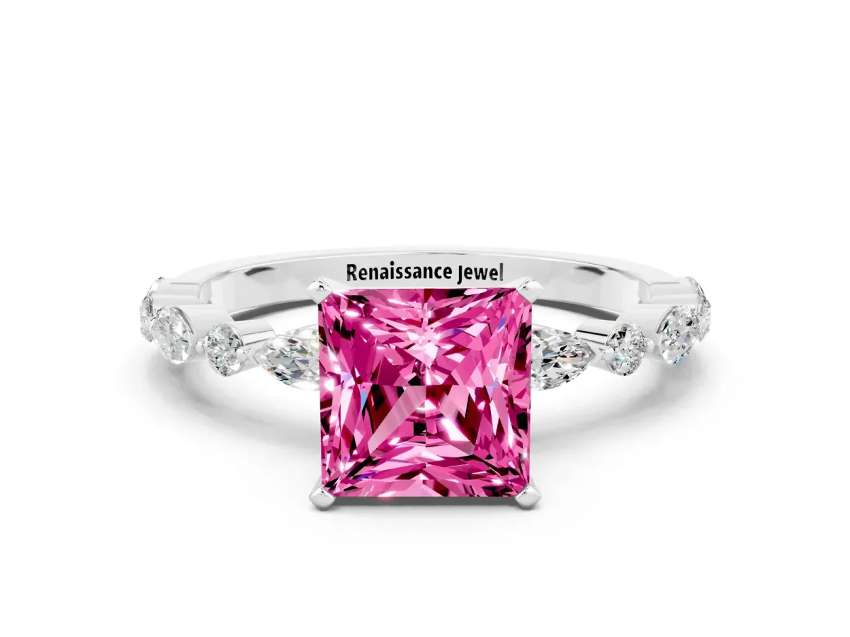 Princess Cut Pink Sapphire Ring with Marquise and Round Side Stones and Four-Prong Setting Platinum