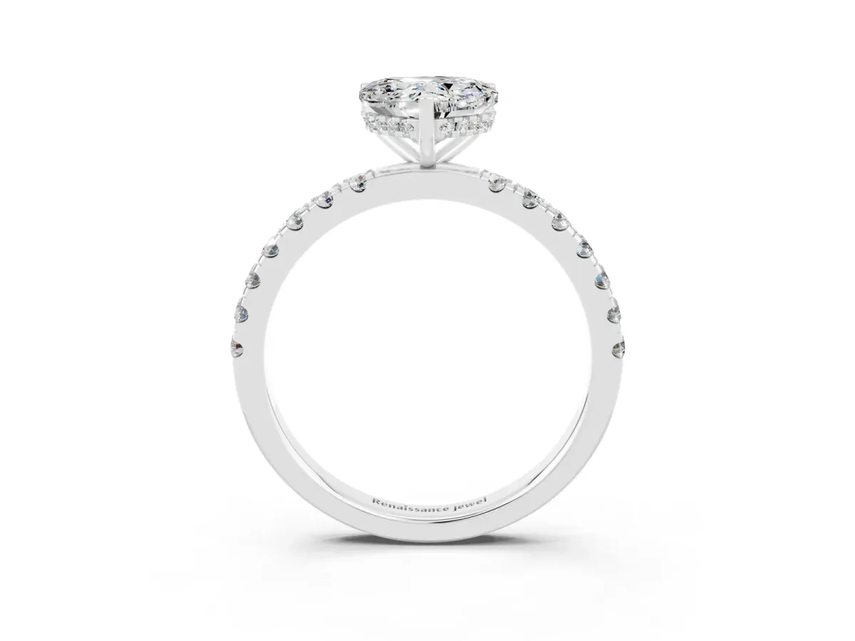 Heart Cut Moissanite Pave Band Solitaire Ring with Round and Prong Setting Platinum