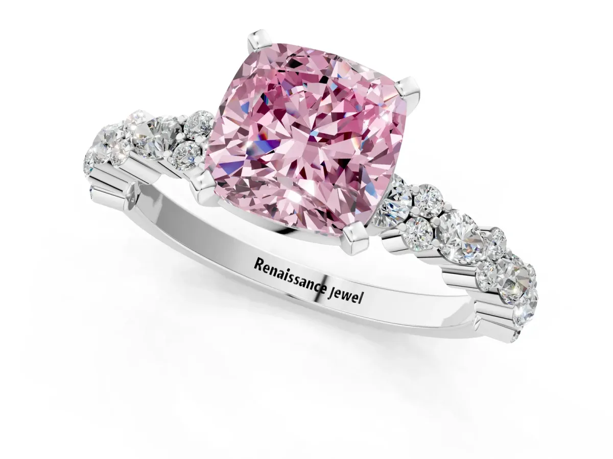 Fancy Pink Cushion Cut Diamond Side Stone Solitaire Ring with Round and Four-Prong Setting Platinum