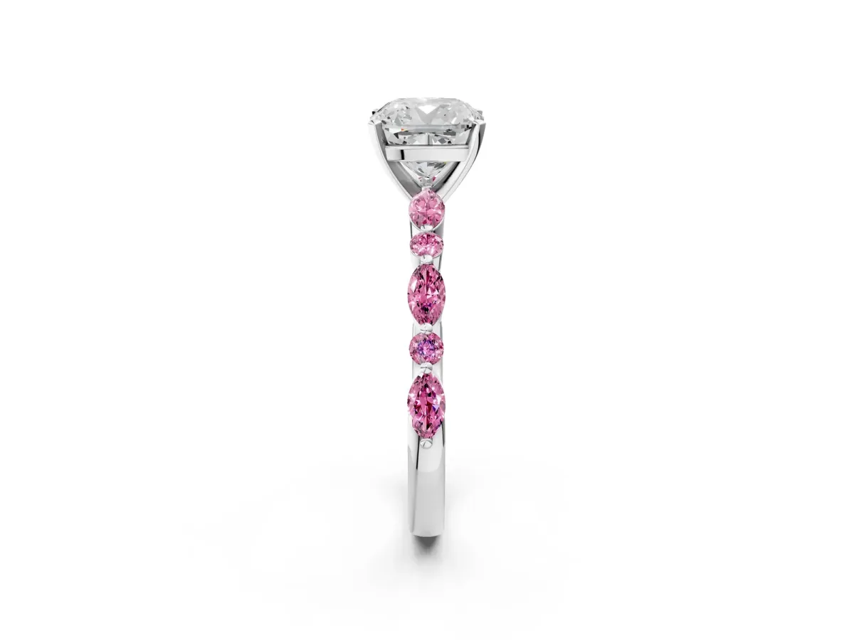 Cushion Cut Diamond Ring with Marquise and Round Pink Sapphire Side Stones and Four-Prong Setting Silver
