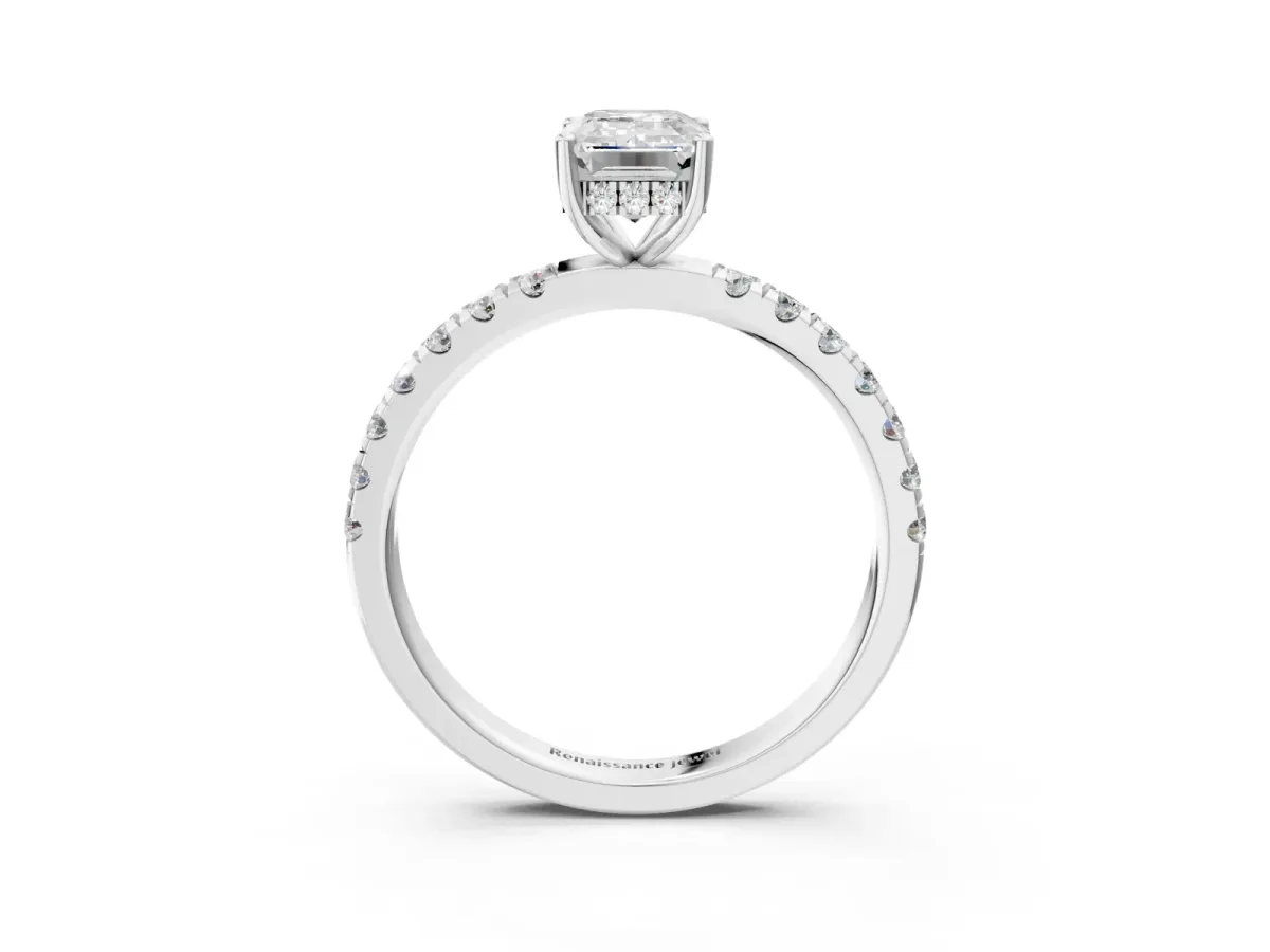 Emerald Cut Diamond Pave Band Solitaire Ring with Round Moissanite and Prong Setting White gold