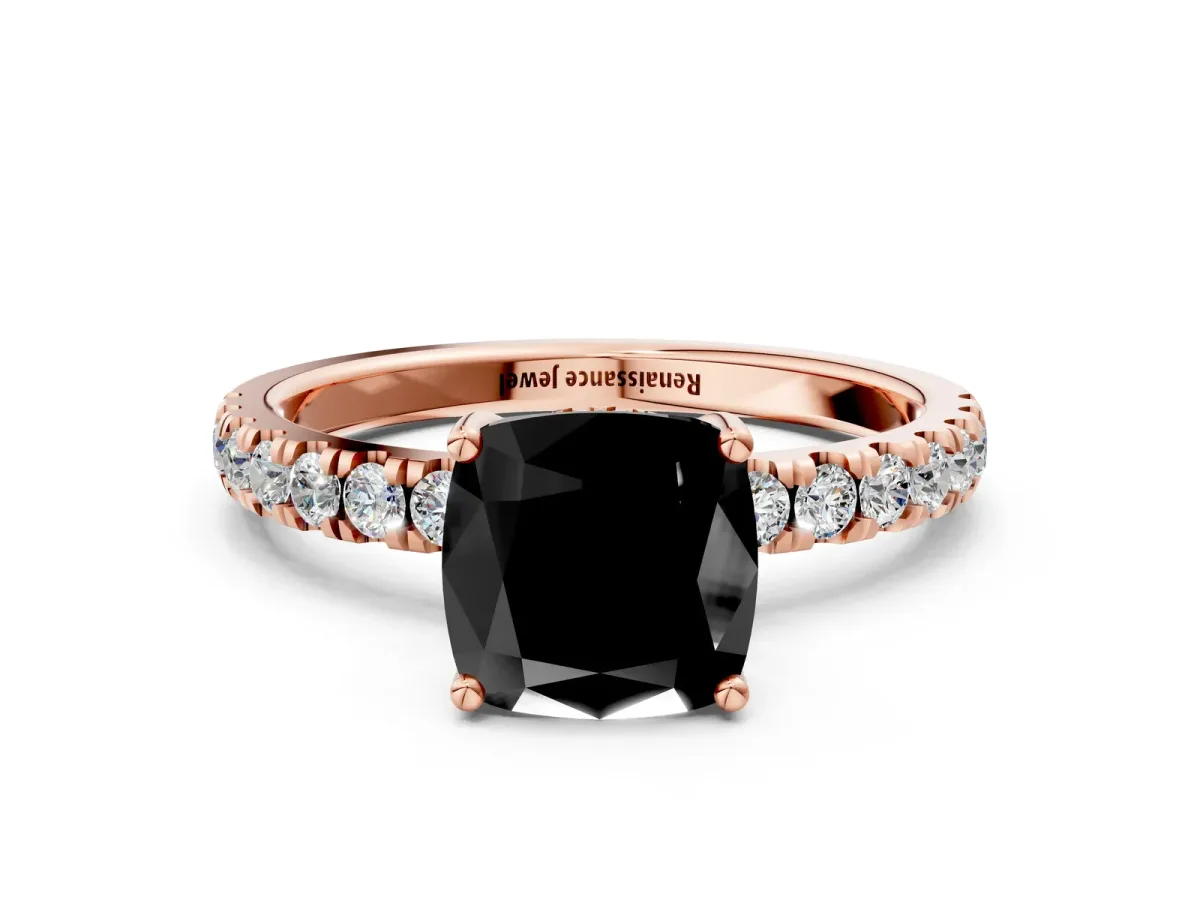 Fancy Black Cushion Cut Diamond Pave Band Solitaire Ring with Round and Prong Setting Rose gold