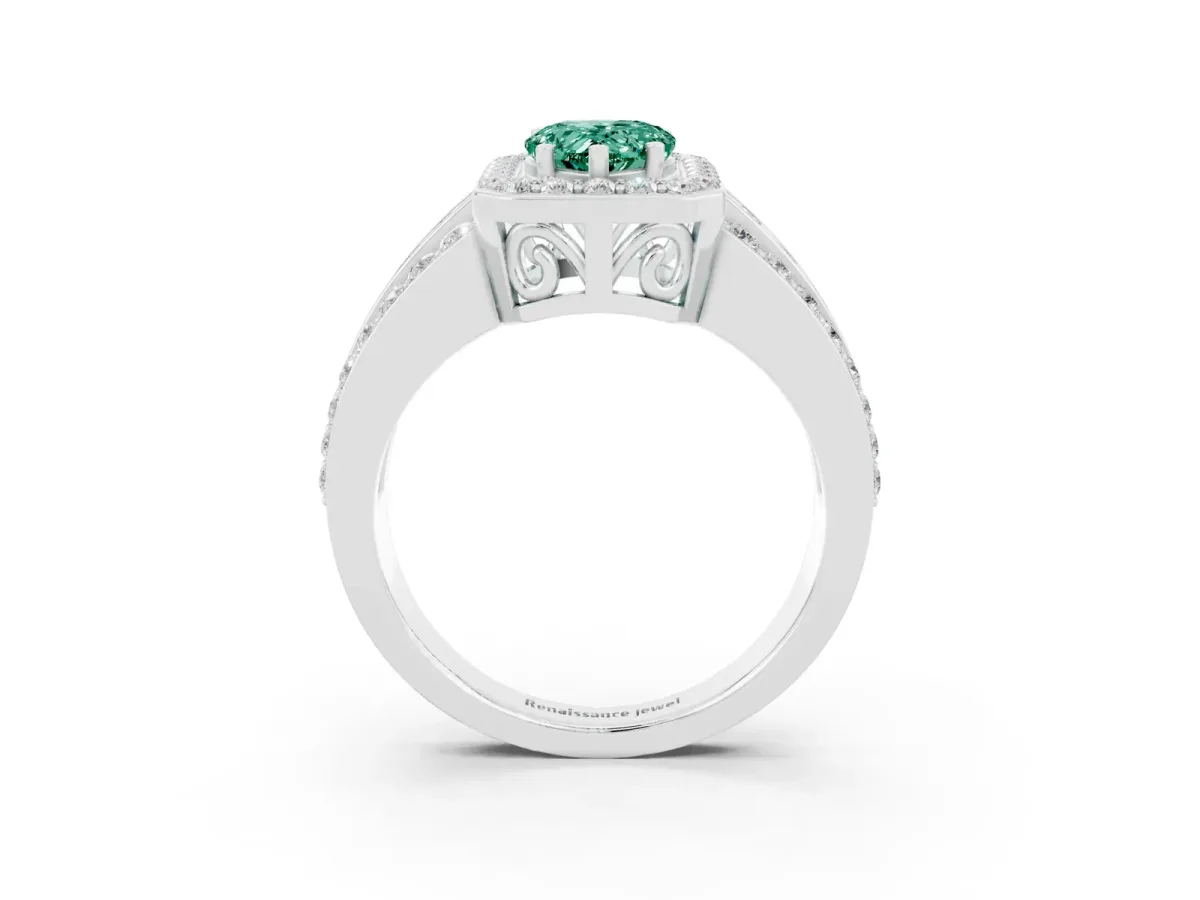 Pear Cut Halo Green Sapphire Ring with Round Split Shank and Prong Setting Platinum