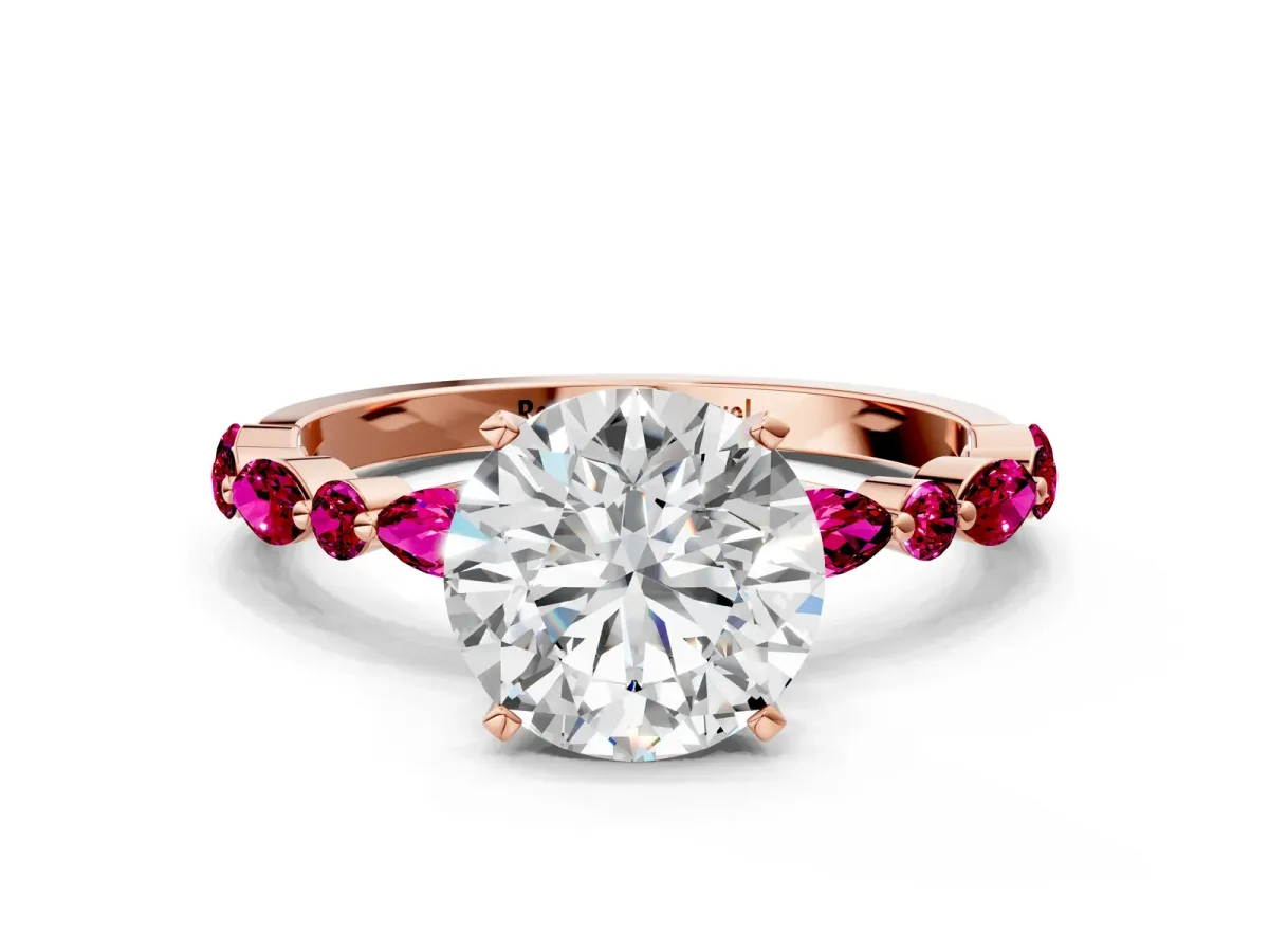 Round Cut Diamond Ring with Marquise and Round Garnet Side Stones and Four-Prong Setting Rose gold