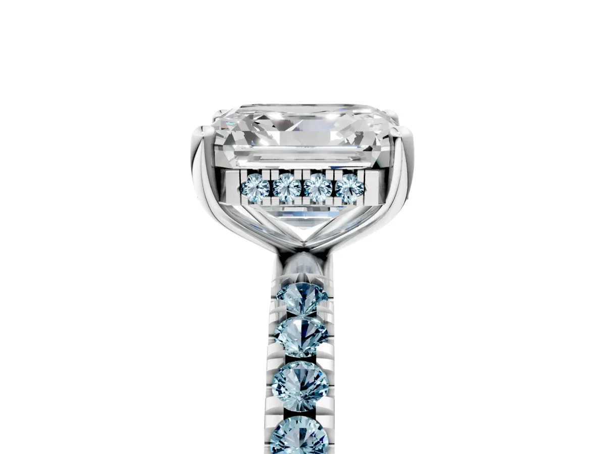 Asscher Cut Diamond Pave Band Solitaire Ring with Round Aquamarine and Prong Setting Platinum