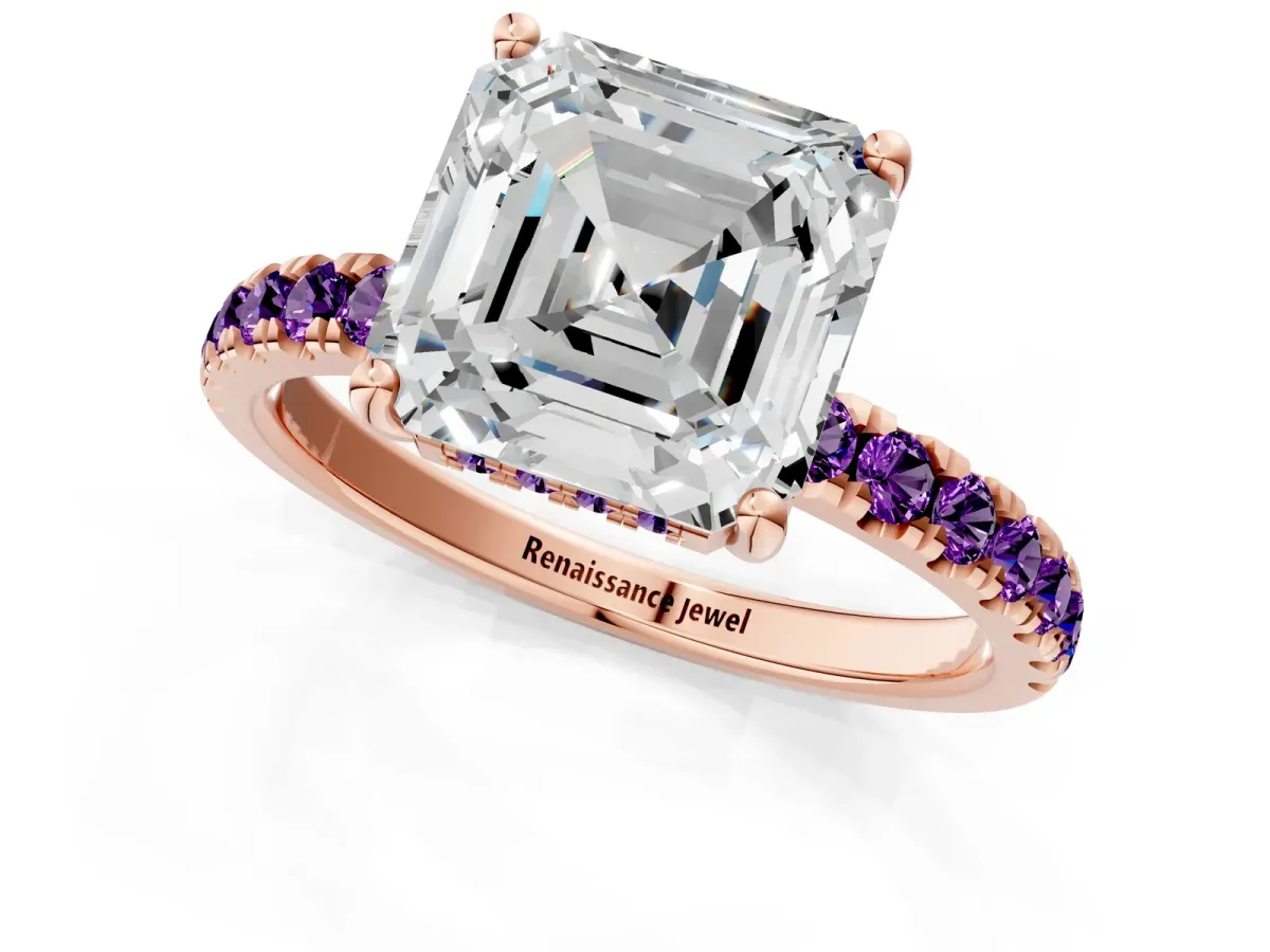 Asscher Cut Diamond Pave Band Solitaire Ring with Round Amethyst and Prong Setting Rose gold