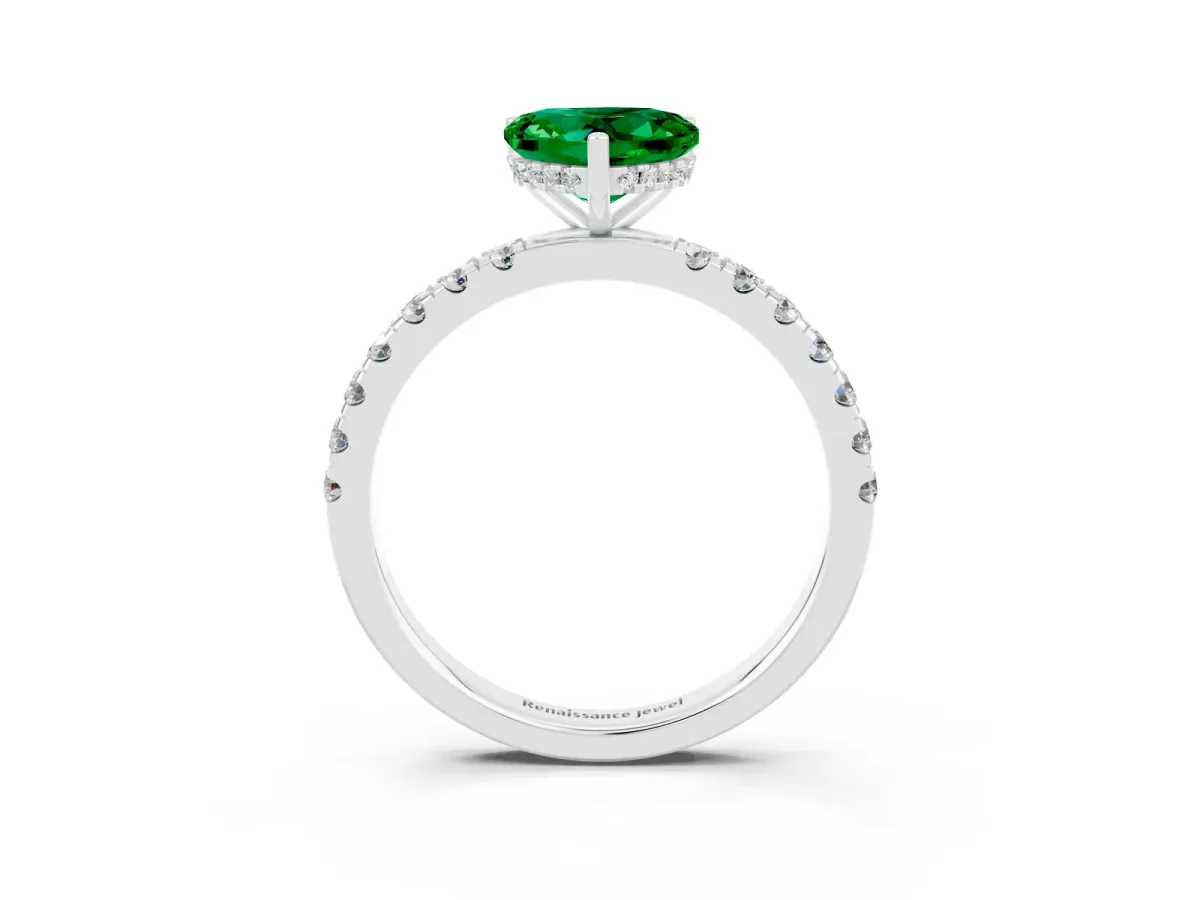Heart Cut Emerald Pave Band Solitaire Ring with Round and Prong Setting Platinum