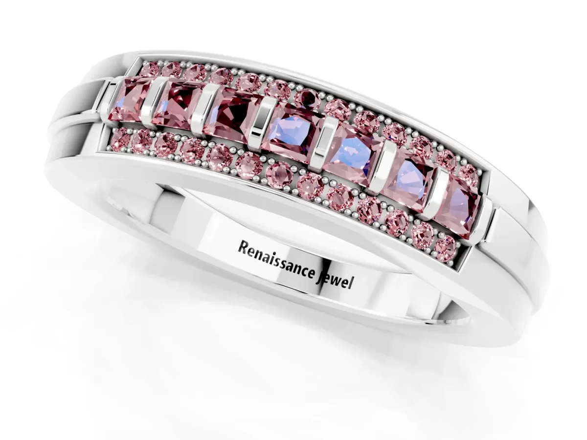 Bar-Set Princess Cut Morganite Pavé Band Silver