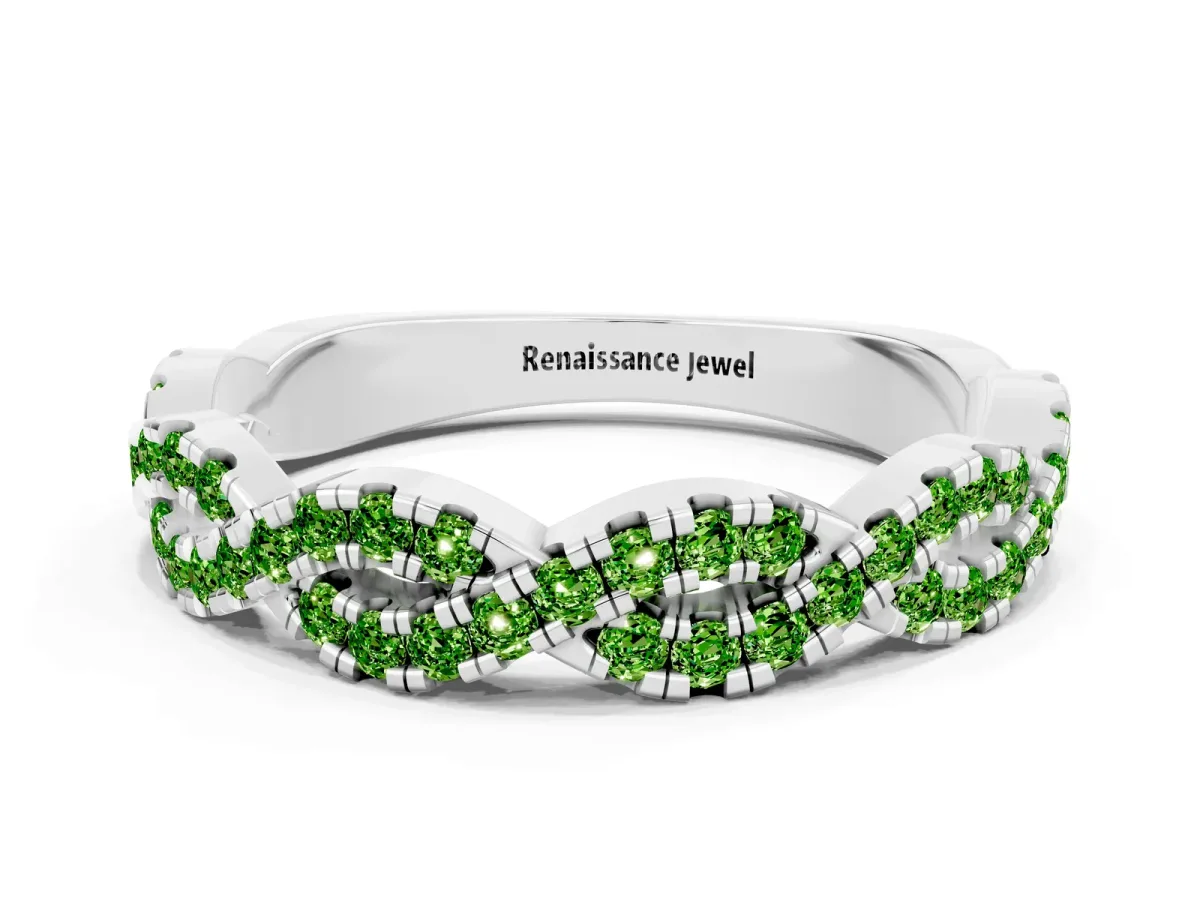 Round Peridot Twisted Eternity Band with Pavé and Shared Prong Setting Platinum