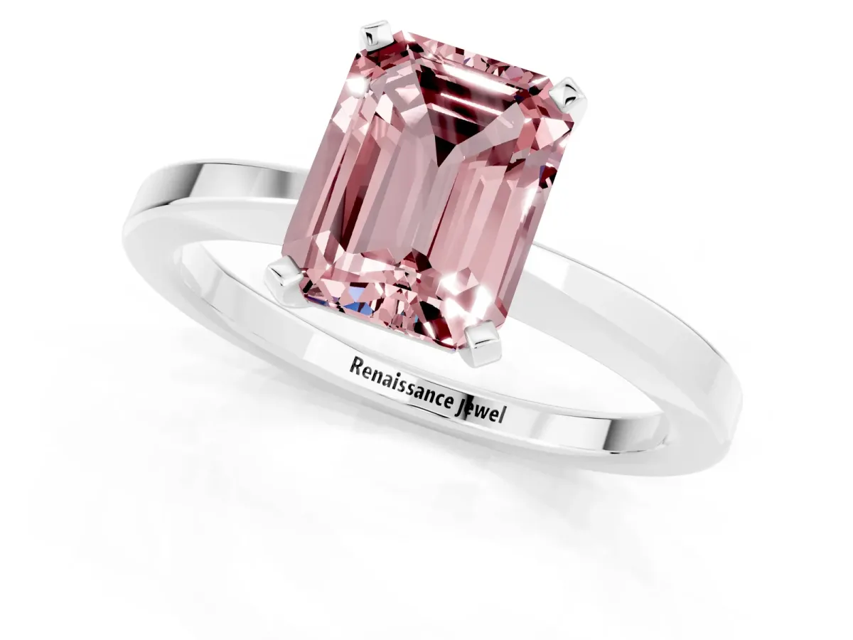 Emerald Cut Morganite Solitaire Engagement Ring with Classic Band and Four-Prong Setting White gold