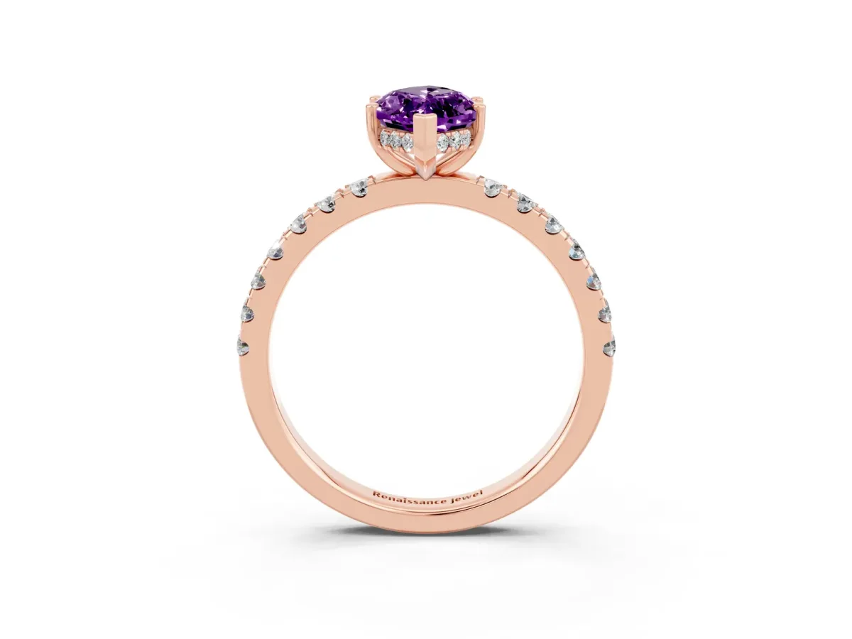 Marquise Cut Amethyst Pave Band Solitaire Ring with Round and Prong Setting Rose gold