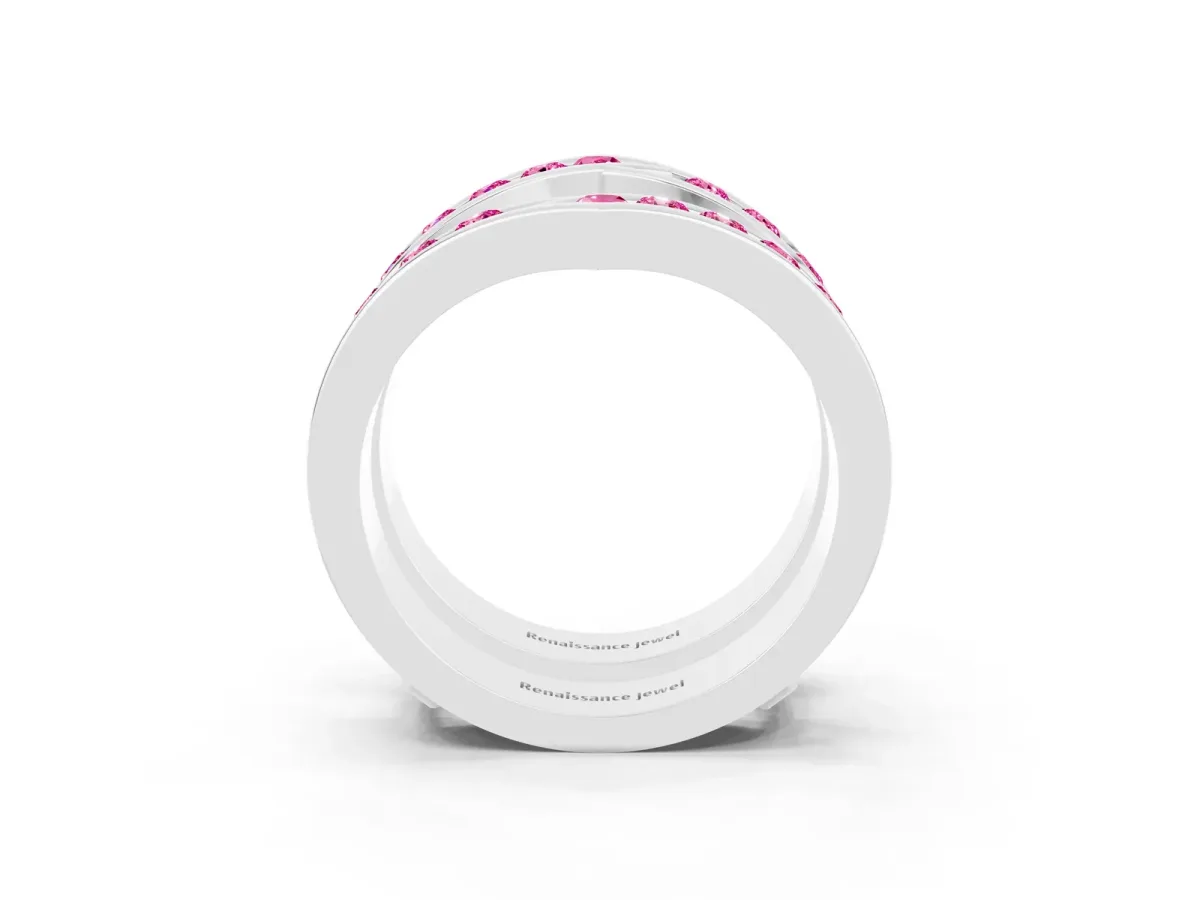 Round Pink Sapphire Channel-Set Chevron Band Platinum