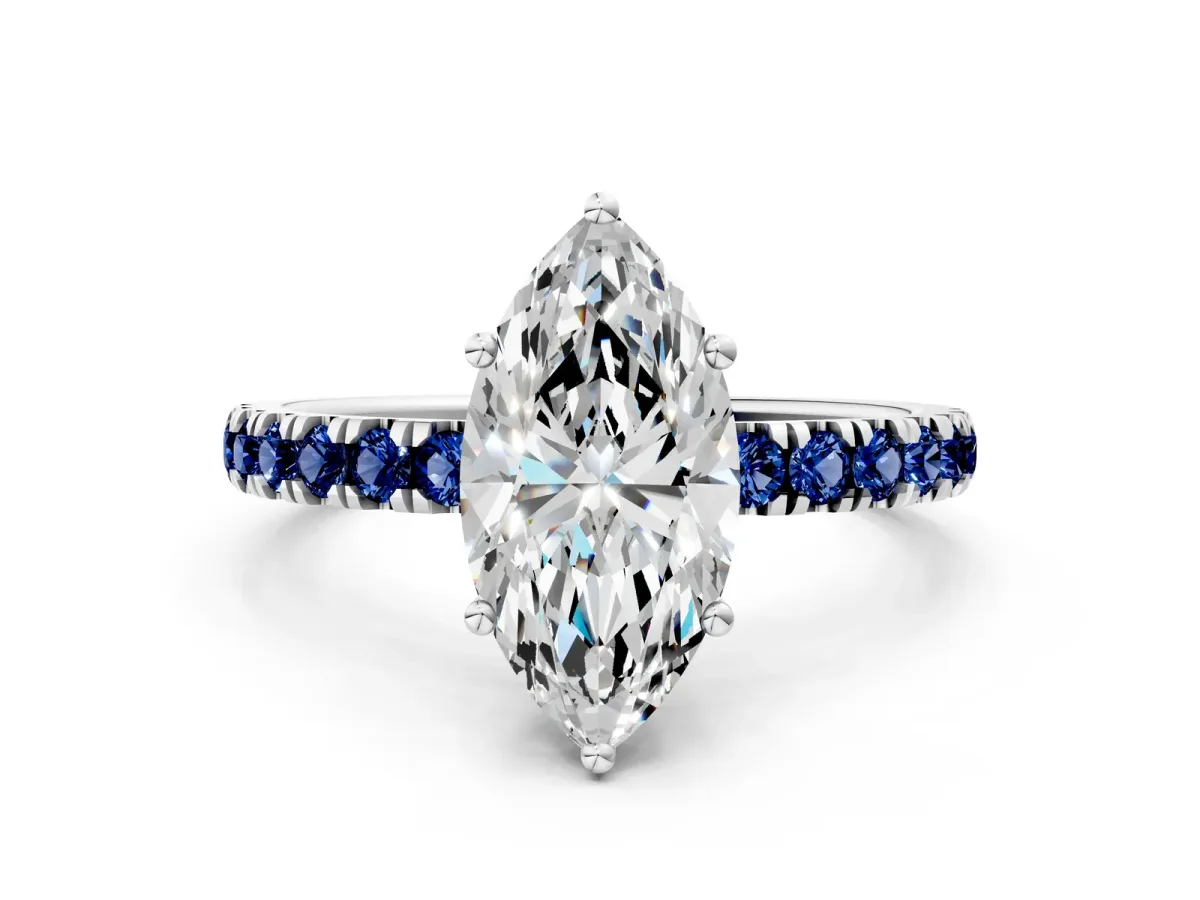Marquise Cut Diamond Pave Band Solitaire Ring with Round Blue Sapphire and Prong Setting Platinum