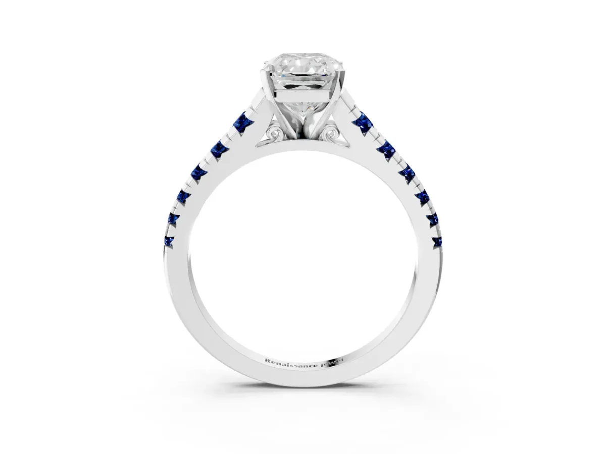 Radiant Cut Diamond Cathedral Solitaire Ring with Round Blue Sapphire Pavé Band Platinum