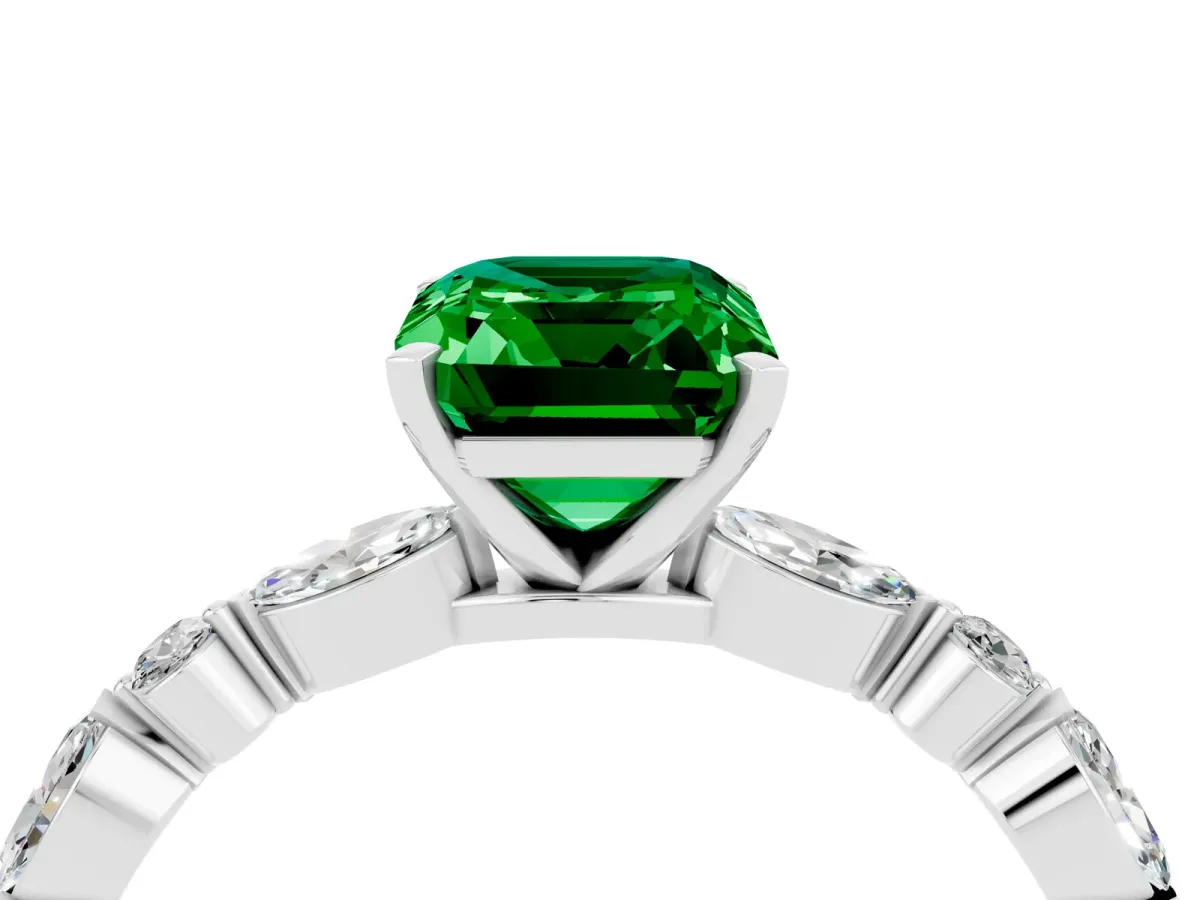 Emerald Cut Emerald Ring with Marquise and Round Side Stones and Four-Prong Setting Platinum