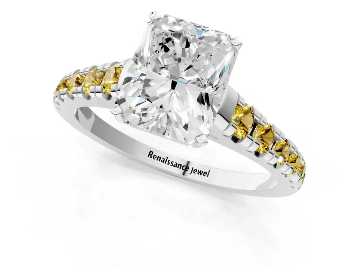 Radiant Cut Diamond Cathedral Solitaire Ring with Round Yellow Sapphire Pavé Band Silver