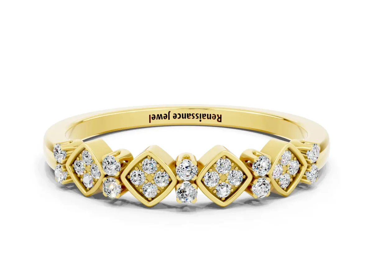 Pavé Cushion Moissanite Cluster Eternity Band with Prong Setting Yellow gold