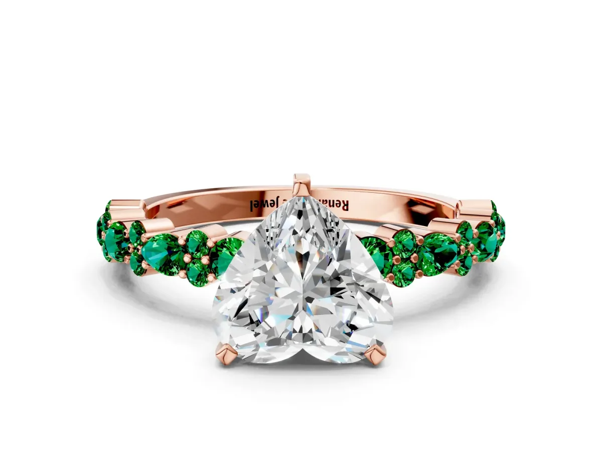 Heart Cut Diamond Side Stone Solitaire Ring with Round Emerald and Four-Prong Setting Rose gold