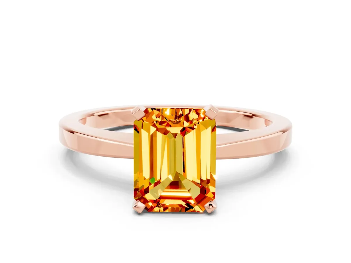 Emerald Cut Citrine Solitaire Engagement Ring with Classic Band and Four-Prong Setting Rose gold