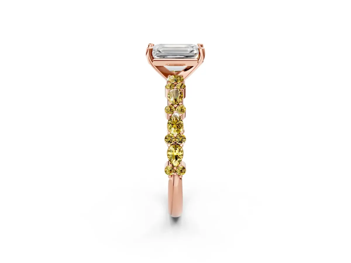 Emerald Cut Diamond Side Stone Solitaire Ring with Round Yellow Sapphire and Four-Prong Setting Rose gold