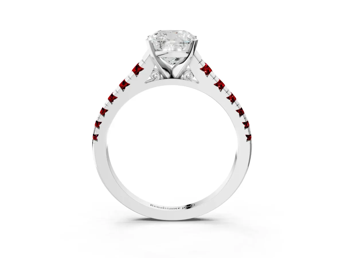Cushion Cut Diamond Cathedral Solitaire Ring with Round Ruby Pavé Band Platinum